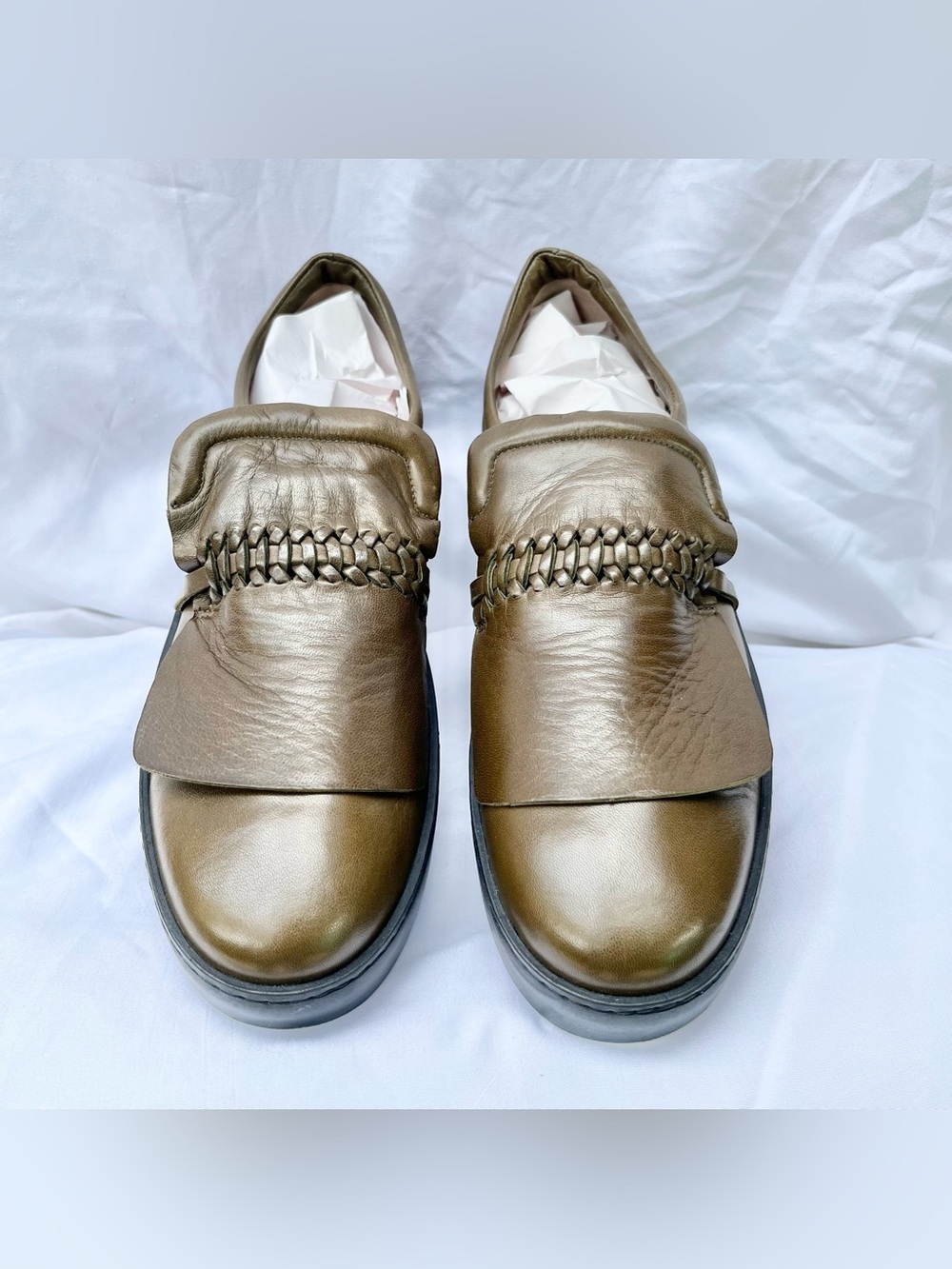 NEIMAN MARCUS x POMME D’OR RARE OLIVE GREEN LEATHER BRAIDED SLIP-ON LOAFERS 10